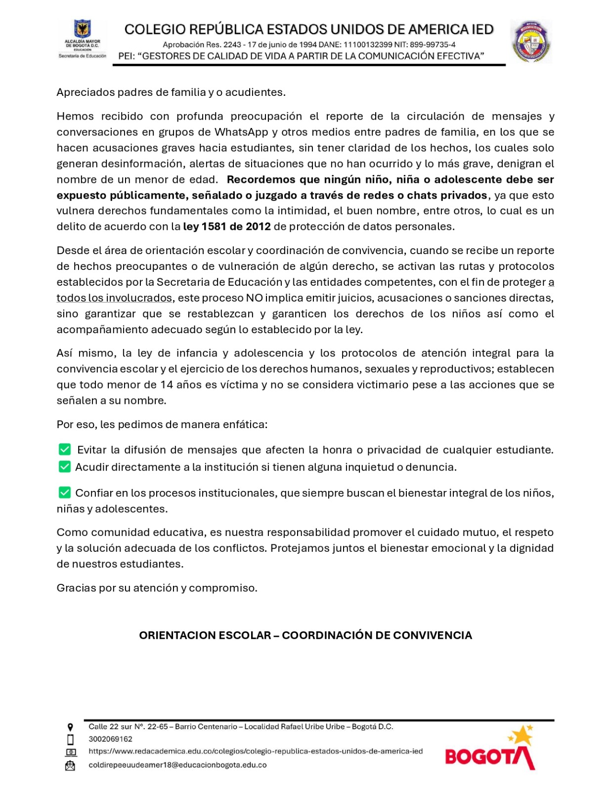 COMUNICADO A LA COMUNIDAD EDUCATIVA AGOSTO 2025