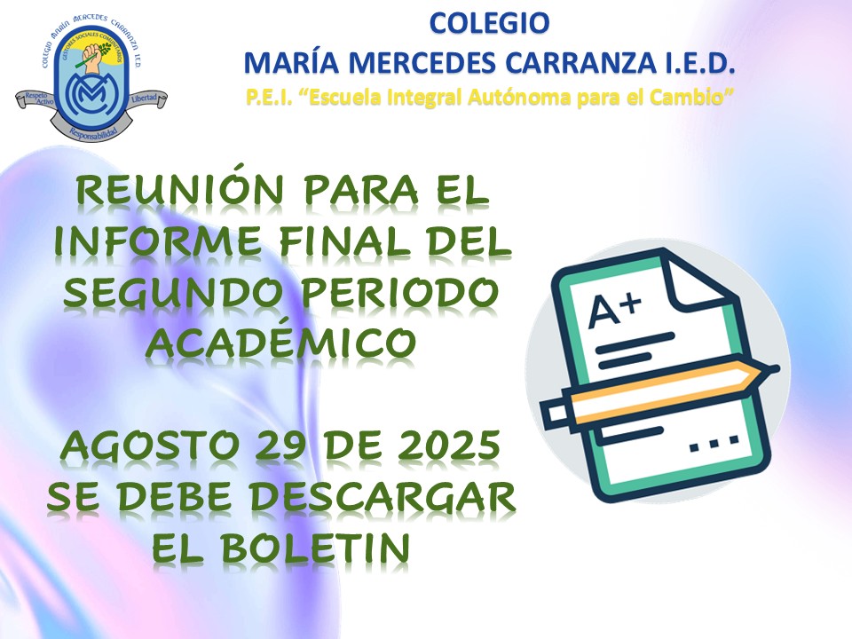 SR(A): Padre y/o Madre de familia.  Cordial saludo:  En el Sistema Institucional de Evaluación Escolar (SIEE)“en su artículo 15. Establece: “Al finalizar cada periodo académico y el año lectivo, la institución educativa emite informe en el cual se especifica el avance del estudiante en las diferentes asignaturas que conforman el grado, con juicio valorativo según escala institucional”.  Por tal motivo es convocado el próximo jueves 15 de mayo de 2025, citados de acuerdo a circular enviada por el director de