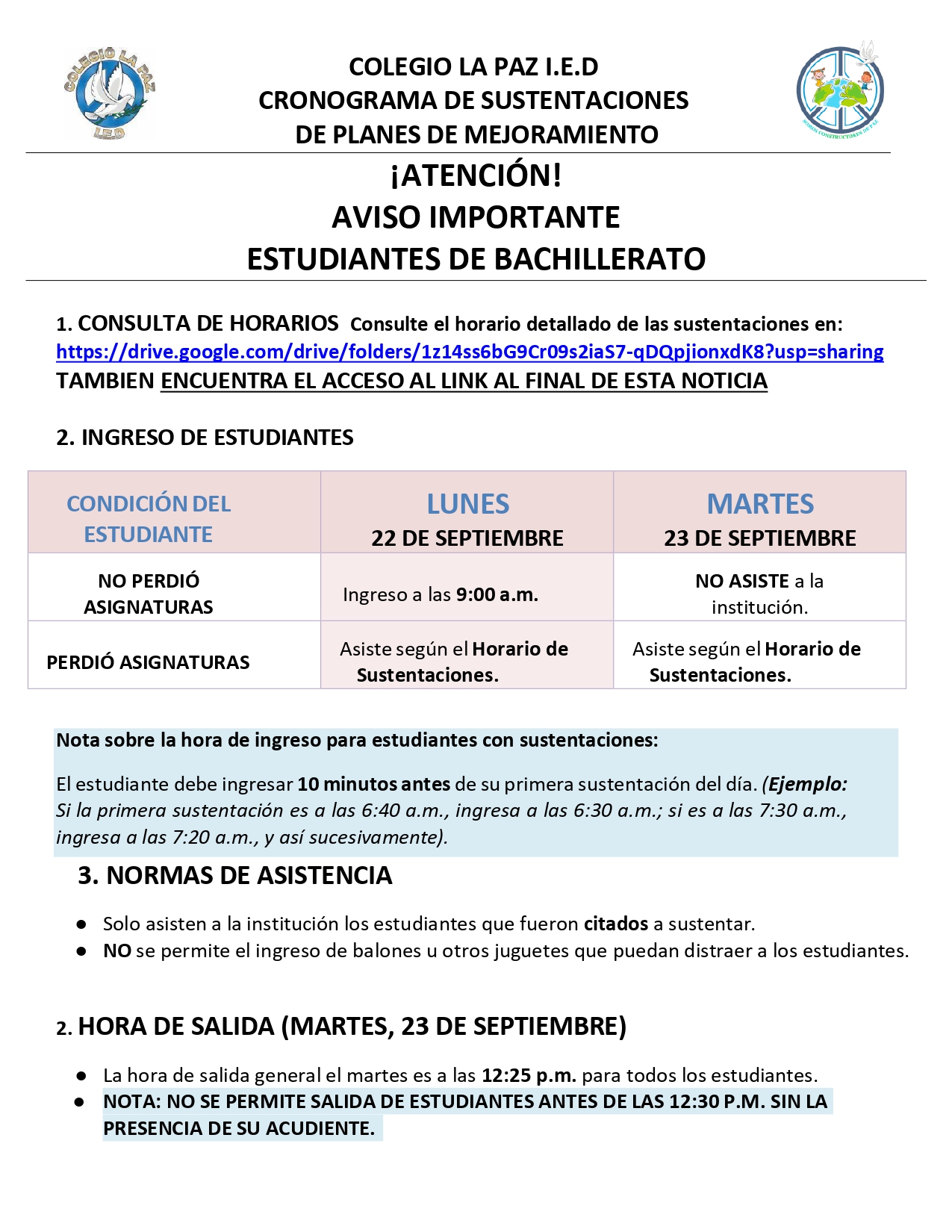 Estudiantes de la Paz I.E.D DE BACHILLERATO CITADOS PARA PLANES DE MEJORAMIENTO