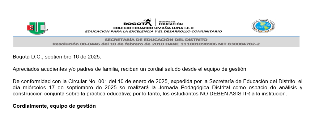 JORNADA PEDAGOGICA 17 DE SEPTIEMBRE- NO ASISTENCIA DE ESTUDIANTES