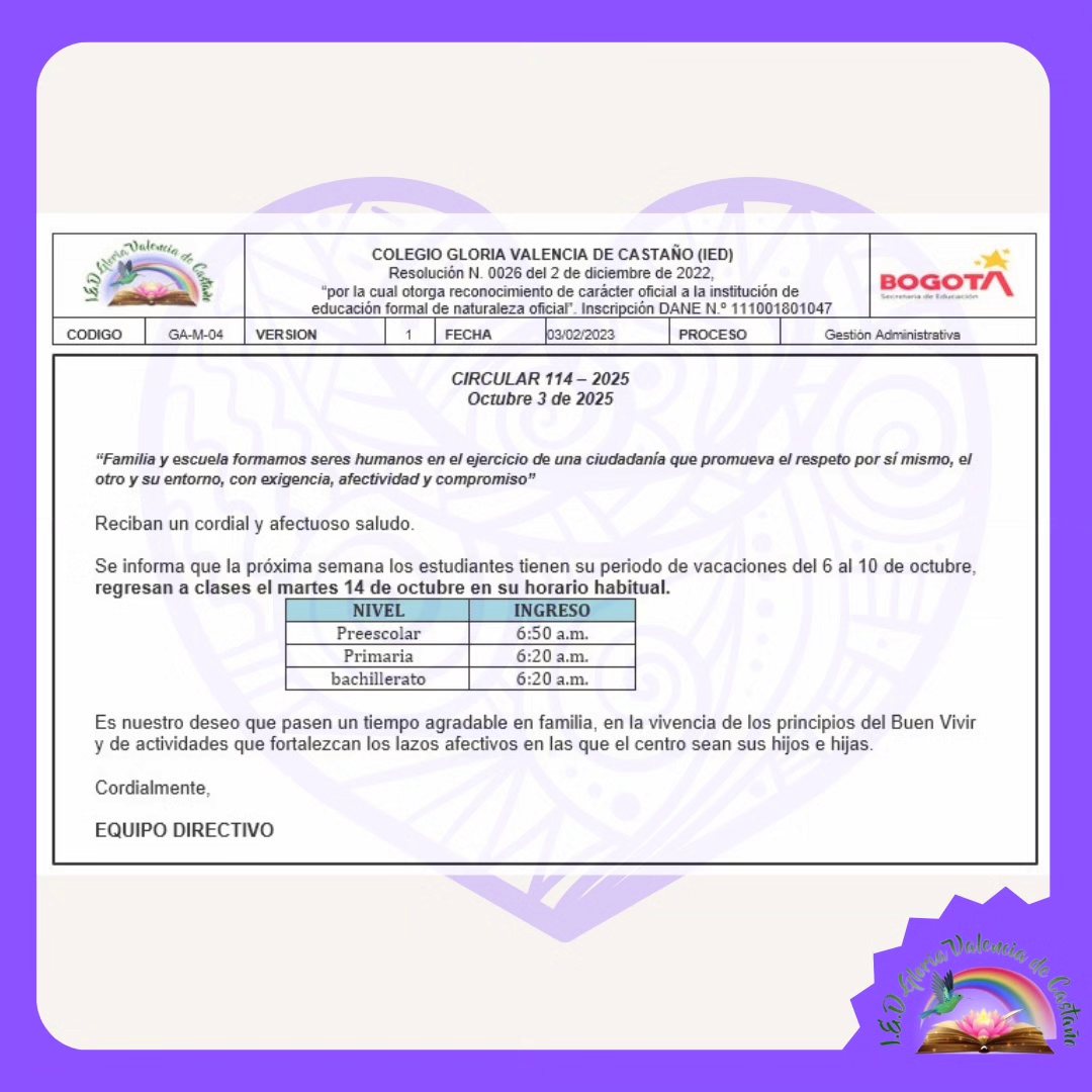 CIRCULAR SEMANA DE RECESO OCTUBRE 