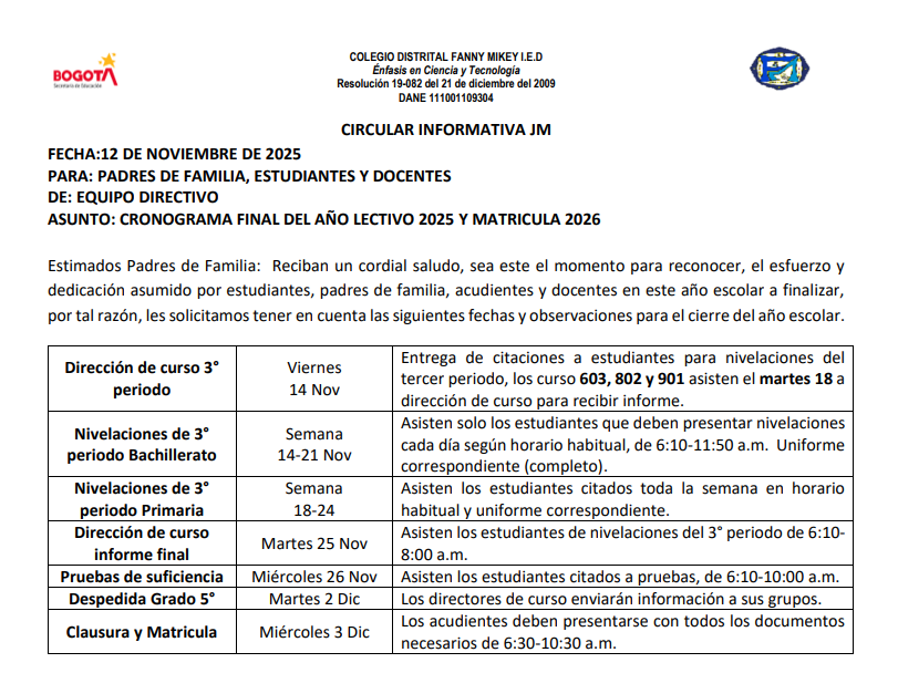 CIRCULAR FINALIZACIÓN DE AÑO