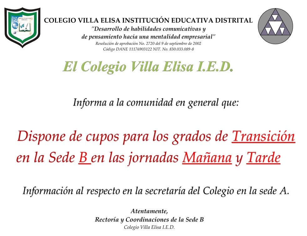 Cupos disponibles - Estudiantes - Transición - Sede B - Jornadas Mañana y Tarde – 2026