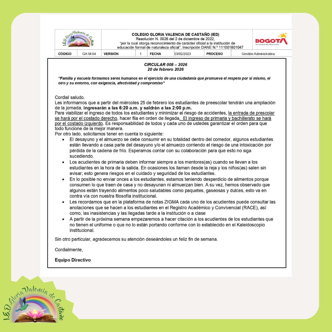 Circular 008. Ampliación jornada preescolar.