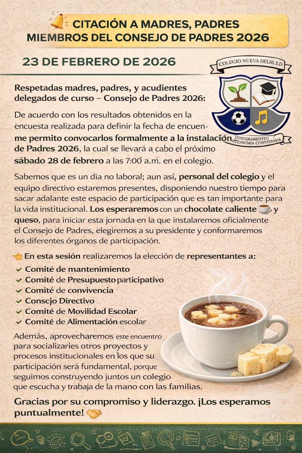 CITACIÓN A MADRES,PADRES MIEMBROS DEL CONSEJO DE PADRES 2026.