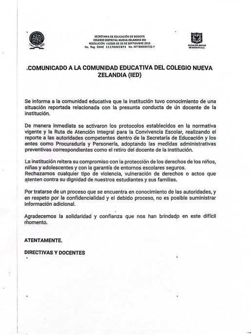 COMUNICADO A LA COMUNIDAD EDUCATIVA DEL COLEGIO NUEVA ZELANDIA IED.