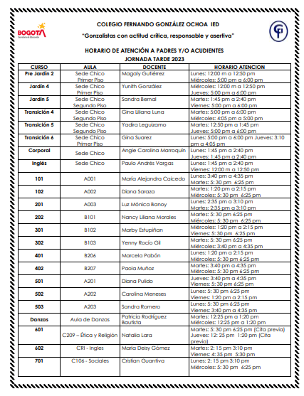 HORARIOS DE ATENCION PADRES DE FAMILIA Y/O ACUDIENTES JORNADA TARDE