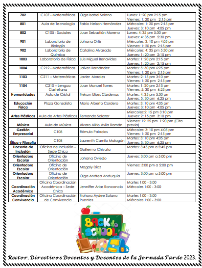 HORARIOS DE ATENCION PADRES DE FAMILIA Y/O ACUDIENTES JORNADA TARDE